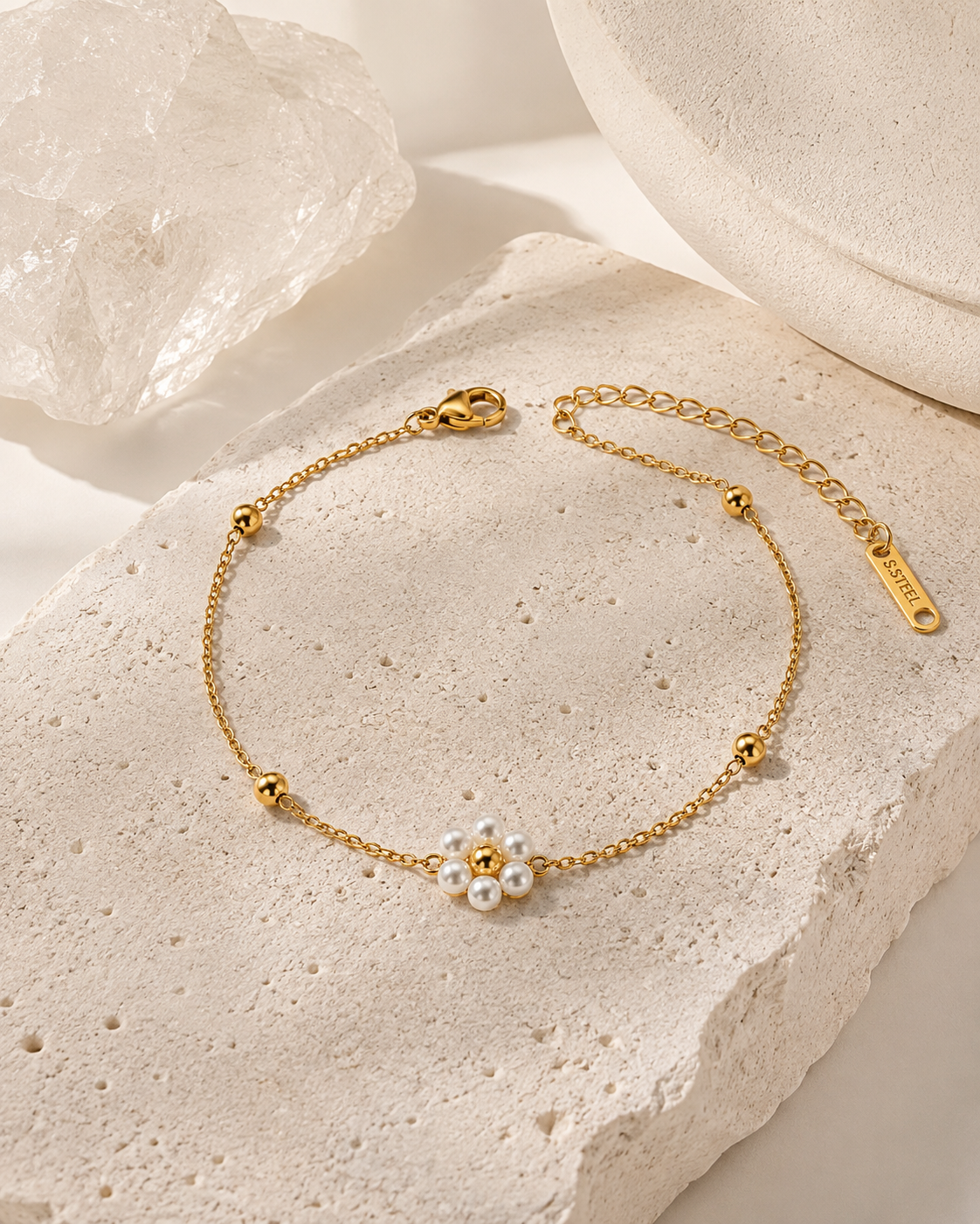 Delicate Pearl Flower Bracelet in gold by YAVI Atelier — view 2