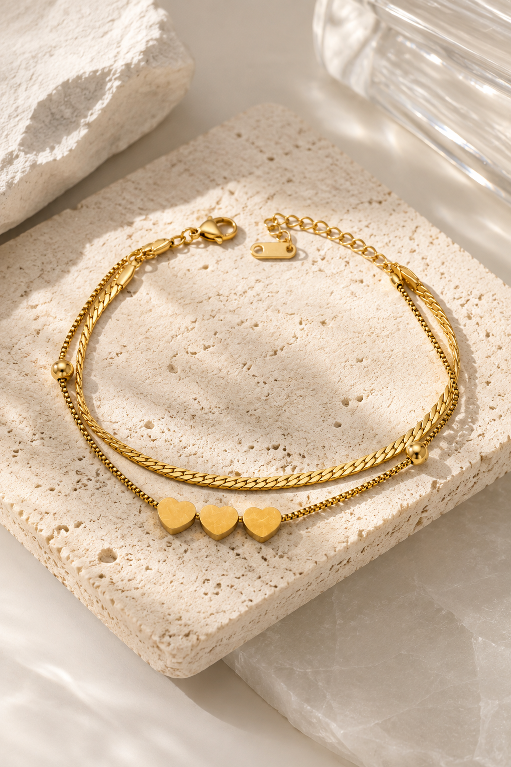 Double-Layer 3 Heart Bracelet in gold by YAVI Atelier — view 2
